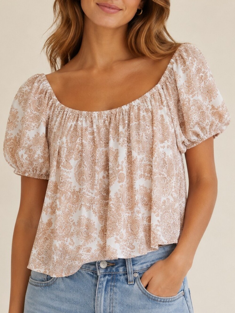 Lulus Paisley Dreamer Off Shoulder Blouse Beige Women’s M Boho Cottagecore Puff